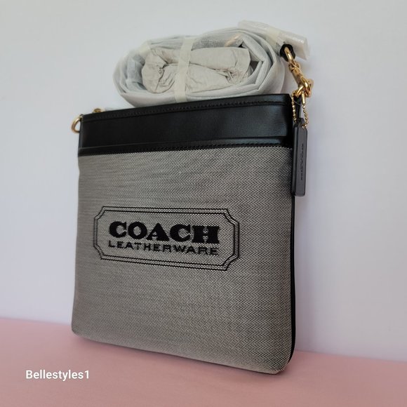 COACH Kitt Badge Jacquard & Smooth Leather Crossbody- Salt Black ⭐ - Picture 3 of 16